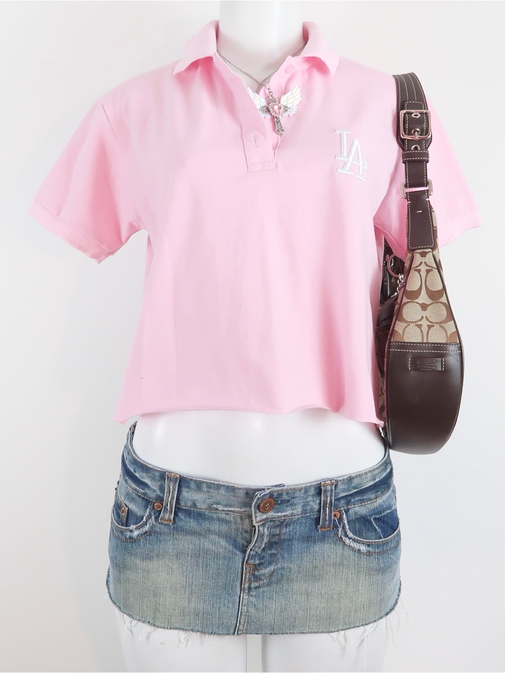 Y2K Pink MLB LA Dodgers Polo Shirt Baby Pink 2000s